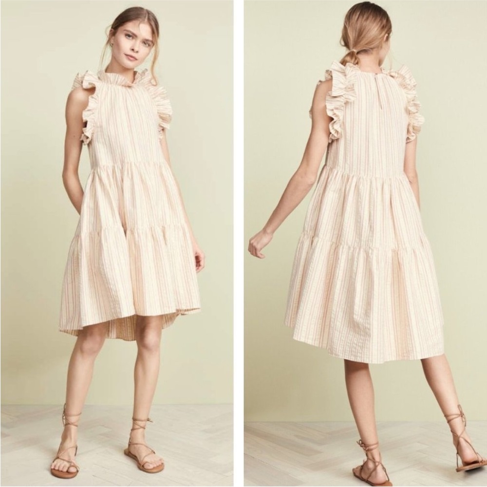 Ulla Johnson Tasmin Midi Dress in Natural Stripes Metallic Accent Ruffles